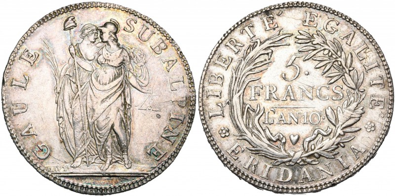 ITALIE, REPUBLIQUE SUBALPINE, (1800-1802), AR 5 francs, an 10 (1801), Turin. M. ...