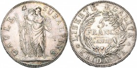 ITALIE, REPUBLIQUE SUBALPINE, (1800-1802), AR 5 francs, an 10 (1801), Turin. M. 10; G. 4; Dav. 197. Petit coup sur la tranche.
Très Beau à Superbe