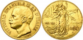 ITALIE, Royaume, Victor Emmanuel III (1900-1946), AV 50 lire, 1911R, Rome. Cinquantenaire du Royaume. Frappe médaille. M. 34; G. 19; Fr. 25. Rare Peti...
