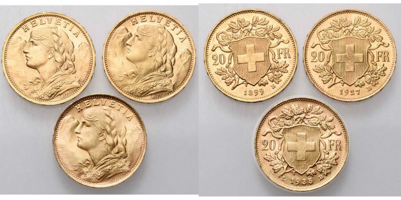 SUISSE, Confédération helvétique, lot de 3 p. de 20 francs: 1899, 1927, 1935.
S...