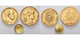 lot de 3 p.: Prusse, 10 Mark 1875A; France, 20 francs 1909; Mexique, Maximilien Ier, médaille, 1865 (0,50 g).
Très Beau