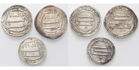 ABBASID, lot of 3 silver dirhams: al-Mansur, al-Kufa 144; al-Mahdi, Madinat al-Salam 160; al-Ma''mun ''Abd Allah, Madinat al-Salam 199. Album 213.1, 2...