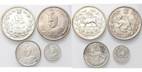 IRAN, QAJAR lot of 4 silver pcs: Muzaffar al-Din Shah, 5000 dinars, AH 1320, St. Petersburg; Ahmad Shah, 5000 dinars (AH 1343), 2000 dinars (AH 1333),...