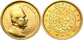 EGYPT, Kingdom, Fuad I (AD 1922-1936/AH 1340-1355) AV 100 piastres, 1922. Red gold. Fr. 102.
Very Fine