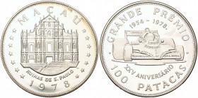 MACAO, Portuguese colony (1887-1999), AR 100 patacas, 1978. 25th anniversary of Grand Prix. Mintage 610 pcs. K.M. 10. In case Pobjoy Mint.
Proof