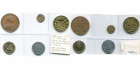lot de 5 méreaux et médailles, dont: Namur, 1687, Eglise Notre-Dame (laiton 19 mm); Bruxelles, 1776, Construction de l''Eglise Saint-Jacques de Couden...