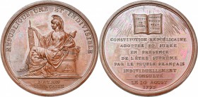 FRANCE, AE médaille, 1793, Duvivier. Constitution du 10 Août 1793. D/ REPUBLIQUE UNE ET INDIVISIBLE La Liberté assise à g., ten. le faisceau et un bât...