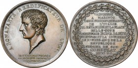 FRANCE, AE médaille, 1800 (an 8), Chavanne. Reconstruction de la Place Bellecour à Lyon. D/ T. de Napoléon Bonaparte à g. R/ Inscription en treize lig...