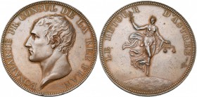 FRANCE, AE médaille, 1802 (an 10), Droz. Paix d''Amiens. D/ T. nue de Bonaparte à g. R/ LE RETOUR D''ASTREE Astrée descendant sur terre, ten. un caduc...