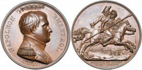 FRANCE, AE médaille, 1813, Depaulis/Brenet. Bataille de Lützen. D/ B. en uniforme à d. Au-dessus, une couronne de laurier. R/ Un cavalier prussien et ...