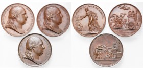 FRANCE, lot de 3 médailles: 1814, Débarquement de Louis XVIII à Calais, Entrée du roi à Paris, Charte constitutionnelle. AE, 41 mm. Collignon 12, 29, ...