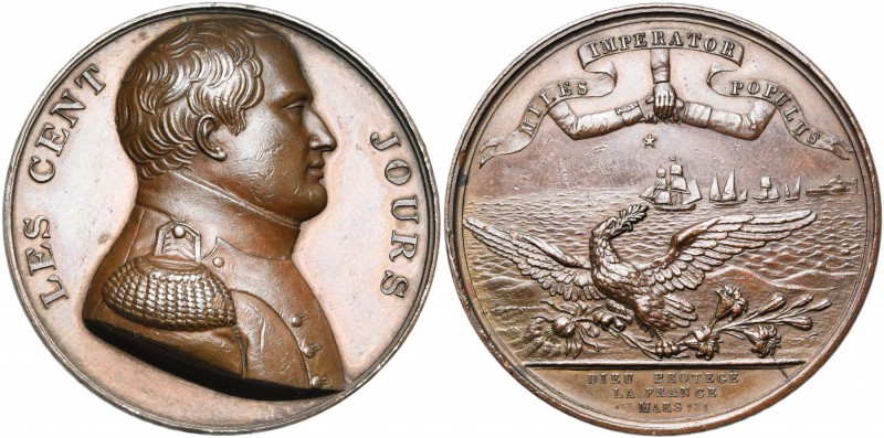 FRANCE, AE médaille, 1815, Merlen. Les Cent Jours. D/ B. de Napoléon Ier à d., e...