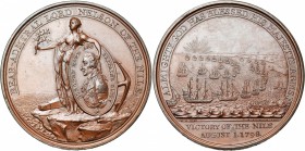 GRANDE-BRETAGNE, AE médaille, 1798, Küchler. Victoire de Nelson sur la flotte française à la bataille du Nil (Aboukir). D/ La Paix deb. à g., se repos...