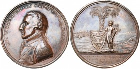 GRANDE-BRETAGNE, AE médaille, 1799, Hancock. Défense d''Acre assiégée par Bonaparte. D/ B. de l''amiral Smith à g. R/ Un jeune homme ten. un écu sous ...
