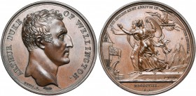 GRANDE-BRETAGNE, AE médaille, 1808, Brenet. Débarquement britannique dans la péninsule ibérique. D/ T. du duc de Wellington à d. R/ L''Espagne et le P...