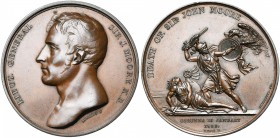 GRANDE-BRETAGNE, AE médaille, 1809, Mills/Couriguer. Mort de Sir John Moore à la bataille de La Corogne. D/ T. à g. R/ Un guerrier antique protégeant ...