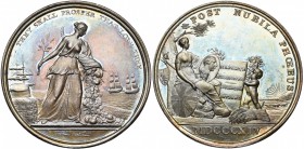 GRANDE-BRETAGNE, AR médaille, 1814. Défaite de Napoléon et restauration de Louis XVIII. D/ La Paix deb. sur un quai, ten. un rameau d''olivier et vida...