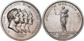 GRANDE-BRETAGNE, AE médaille, 1814, Thomason. Signature de la paix de Paris. D/ T. accolées à d. du prince régent, d''Alexandre Ier, François II et Fr...
