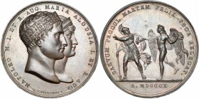 ITALIE, AE médaille, 1810, Manfredini. Mariage de Napoléon et de Marie-Louise d''Autriche. D/ T. accolées des époux à d. R/ Hymen marchant à g., repou...