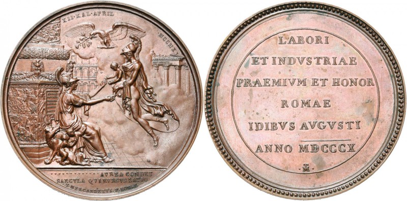 ITALIE, AE médaille, 1811, Mercandetti. Naissance du roi de Rome. D/ Minerve ass...