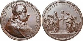 ITALIE, ETATS PONTIFICAUX, AE médaille, 1753 (an 13), O. Hamerani. Benoît XIV - Délimitation de la frontière avec la république de Venise. D/ B. à d.,...