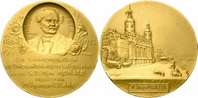 MONACO, AE doré médaille, 1913, Szirmaï. Cinquantenaire de la fondation de la Société des Bains de Mer. D/ B. de François Blanc, de trois-quarts de f....