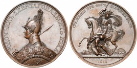 RUSSIE, AE médaille, 1814 (1836), Klepikov. Bataille de Fère-Champenoise. D/ B. casqué d''Alexandre Ier à g., ten. une lance et un bouclier. R/ Un gue...