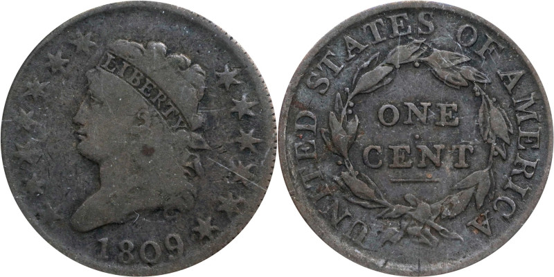 1809 Classic Head Cent. S-280, B-1, the only known dies. Rarity-2. Good-6 (PCGS)...