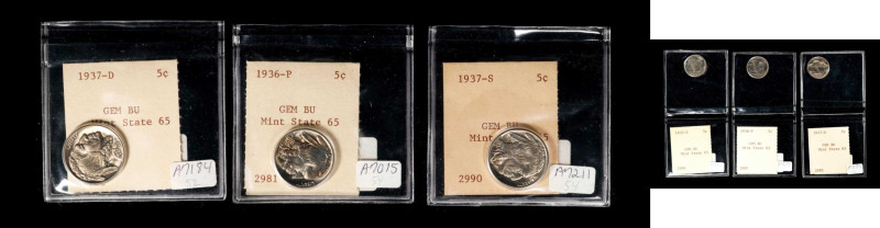 Lot of (3) 1930s Buffalo Nickels. MS-65 (David Hall).
Included are: 1936; 1937-...