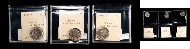 Lot of (3) 1930s Buffalo Nickels. MS-65 (David Hall).
Included are: 1936; 1937-...