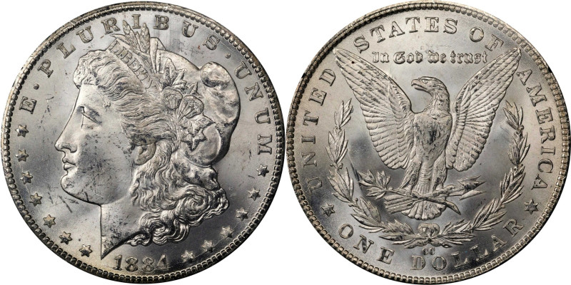 1884-CC GSA Morgan Silver Dollar. Mint State (Uncertified).
The original box an...