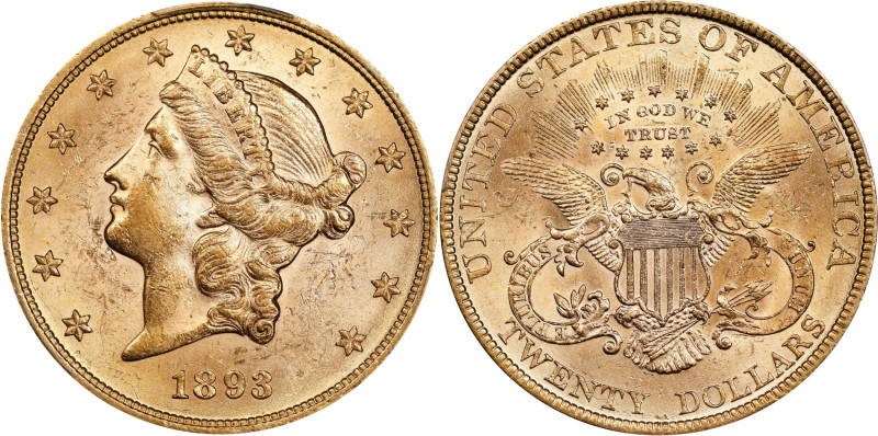 1893 Liberty Head Double Eagle. MS-61 (PCGS).
PCGS# 9022. NGC ID: 26C8.