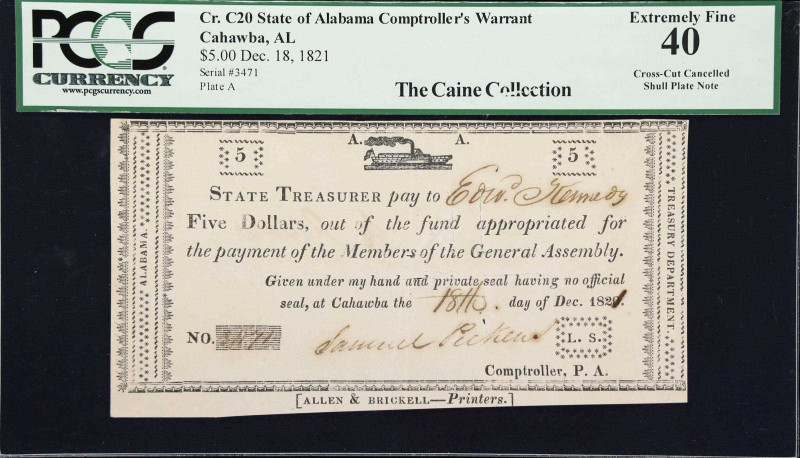 Cahawba, Alabama. State of Alabama. Treasury Warrant. 1821 $5. PCGS Currency Ext...