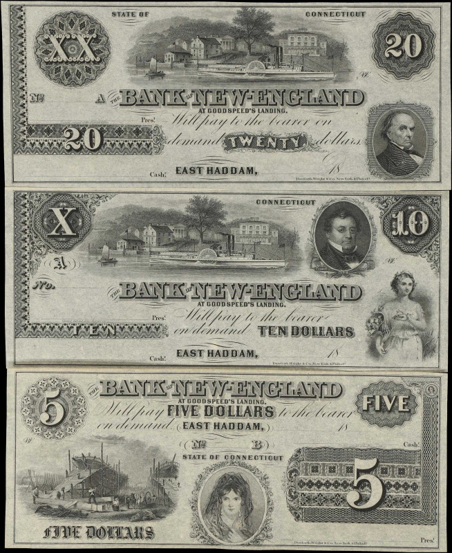 Lot of (3) East Haddam, Connecticut. Bank of New England. 18xx $5, $10 & $20. Ch...