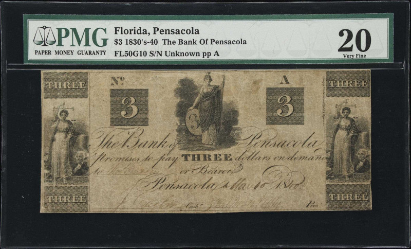 Pensacola, Florida. Bank of Pensacola. 1840 $3. PMG Very Fine 20.
No. 5xx? Plat...