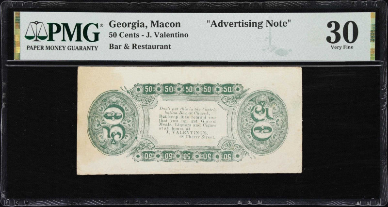 Macon, Georgia. J. Valentino's Bar and Restaurant. 50 Cents. PMG Very Fine 30. A...