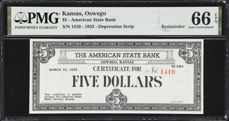 Lot of (2) Oswego, Kansas. American State Bank. 1933 $5. PMG Gem Uncirculated 66...