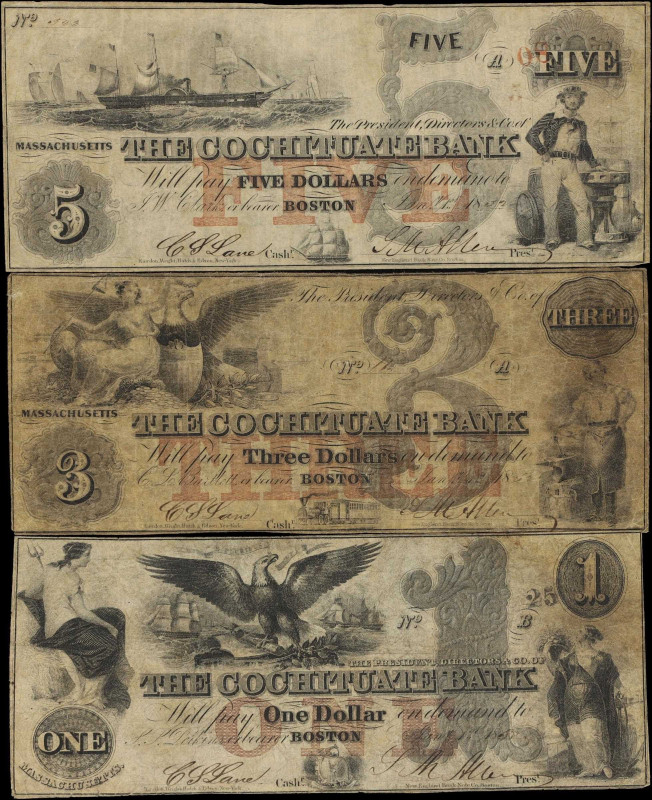 Lot of (3) Boston, Massachusetts. Cochituate Bank. 1852 $1, $3 & $5. Very Good t...