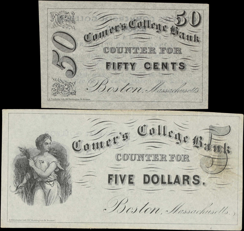 Lot of (2) Boston, Massachusetts. Comer's College Bank. 1840 50 Cents & $5. Extr...