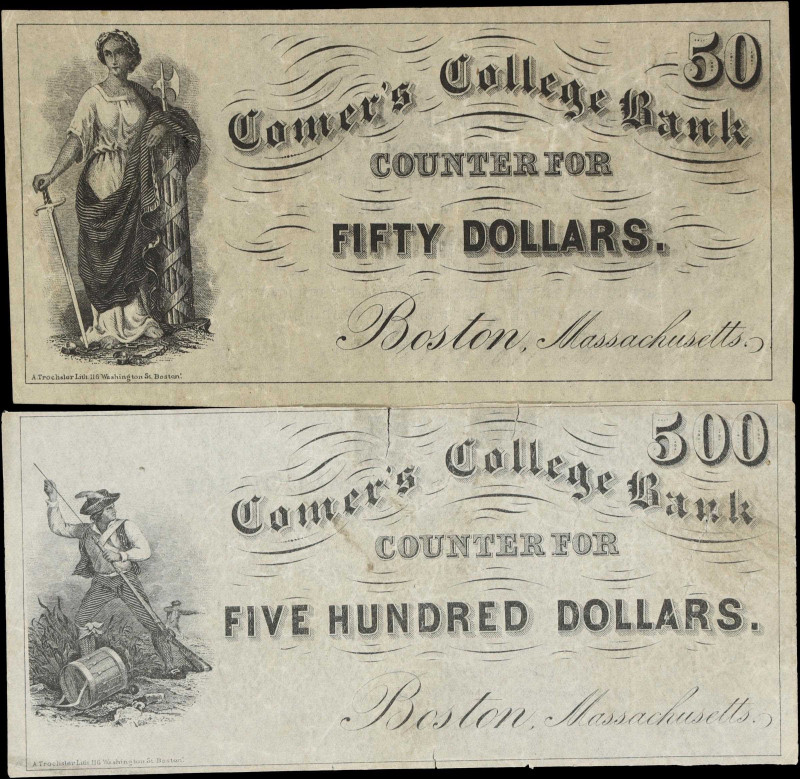 Lot of (2) Boston, Massachusetts. Comer's College Bank. 1840 $50 & $500. Very Fi...