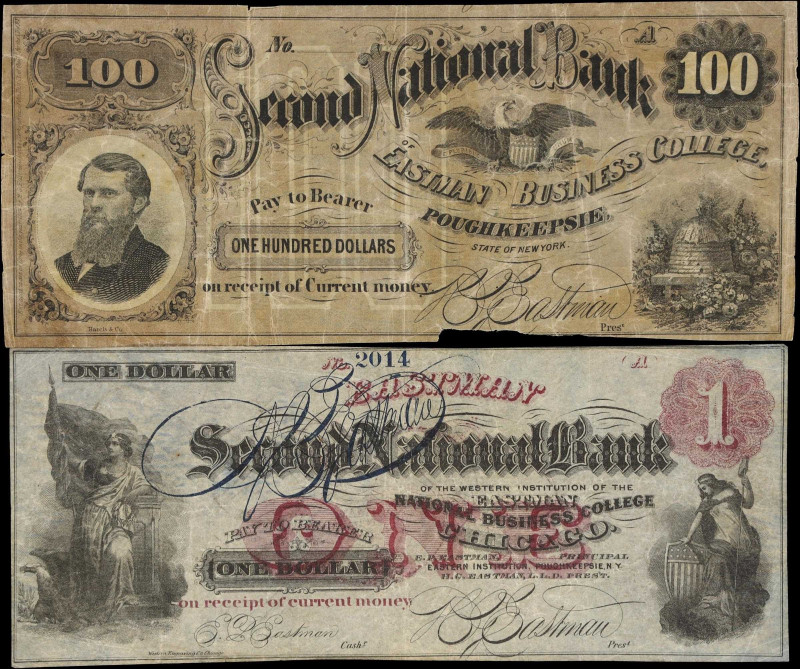 Lot of (2) Poughkeepsie, New York. Eastman Business College. ND $1 & $100. Fine ...