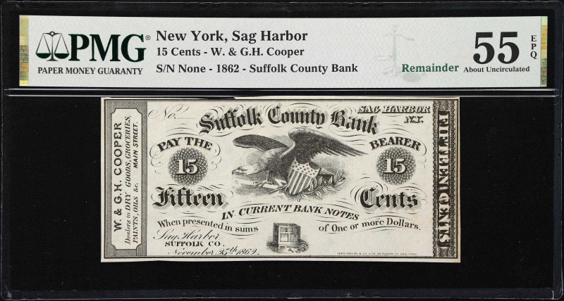 Sag Harbor, New York. Suffolk County Bank. 1862 15 Cents. PMG About Uncirculated...