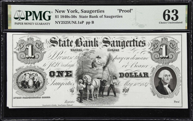 Saugerties, New York. State Bank of Saugerties. 1847 $1. PMG Choice Uncirculated...