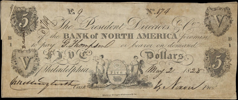 Philadelphia, Pennsylvania. Bank of North America. 1828 $5. Very Fine. Contempor...