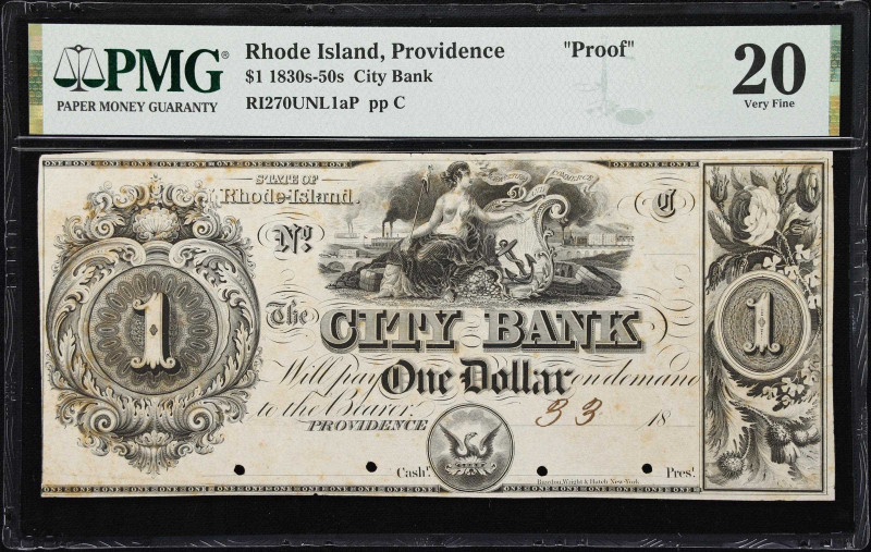 Providence, Rhode Island. City Bank. 18xx $1. PMG Very Fine 20. Proof.
Imprint ...