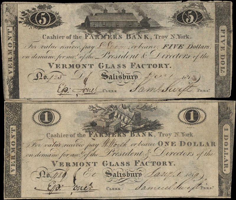 Lot of (2) Salisbury, Vermont. Farmers Bank. 1814 $1 & $5. Very Fine.
A duo of ...