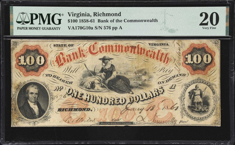 Richmond, Virginia. Bank of the Commonwealth. 1861 $100. PMG Very Fine 20.
No. ...