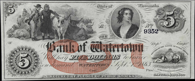 Watertown, Wisconsin. Bank of Watertown. 1863 $5. Choice Uncirculated.
No. 9352...