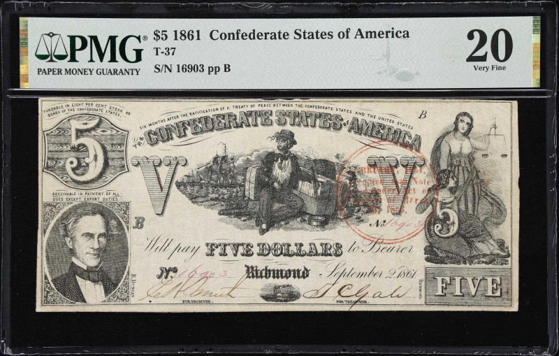 T-37. Confederate Currency. 1861 $5. PMG Very Fine 20. Trans-Mississippi Re-Issu...