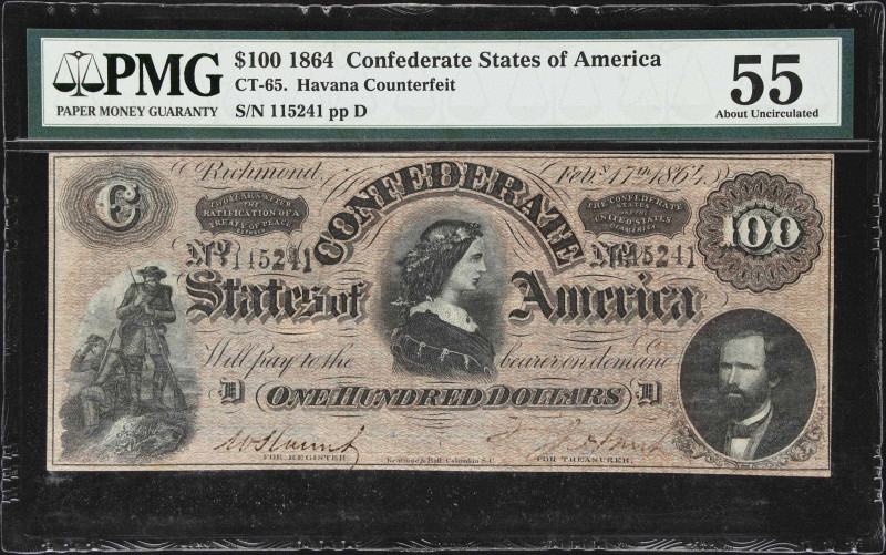 CT-65. Confederate Currency. 1864 $100. PMG About Uncirculated 55. Havana Counte...